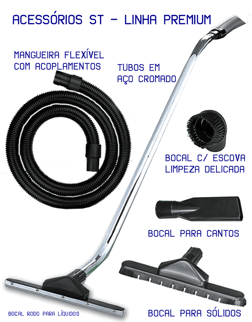 Kit de acessórios do aspirador SS-35PRO: mangueira flexível, tubos em aço cromado, bocal para sólidos, líquidos e cantos