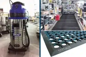 Aspiradores industriais de pó e líquidos profissionais em aço inox e tapetes ergonômicos antifadiga para segurança do trabalho e NR17.