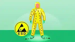 Ilustração técnica mostrando o fluxo de descarga eletrostática (ESD) de um operador para o piso através de tapete esd antiestático dissipativo.