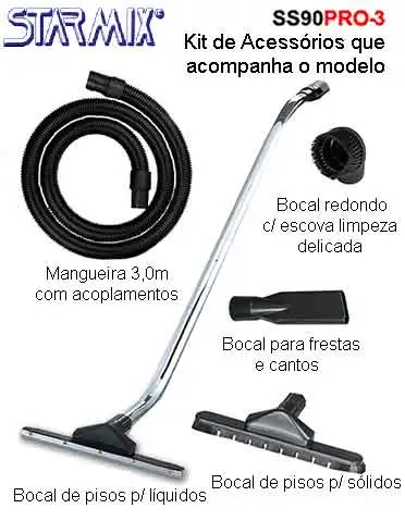 Kit de acessórios completo do aspirador industrial Starmix SS90PRO-3: mangueira, bocal de cantos, bocal escova, bocal de pisos para líquidos e sólidos.