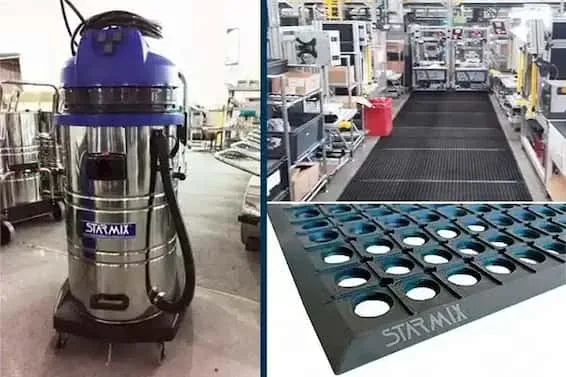 Aspirador industrial para sólidos e líquidos em inox ao lado de tapete ergonômico antifadiga com furos para drenagem instalado em linha de montagem conforme NR17.