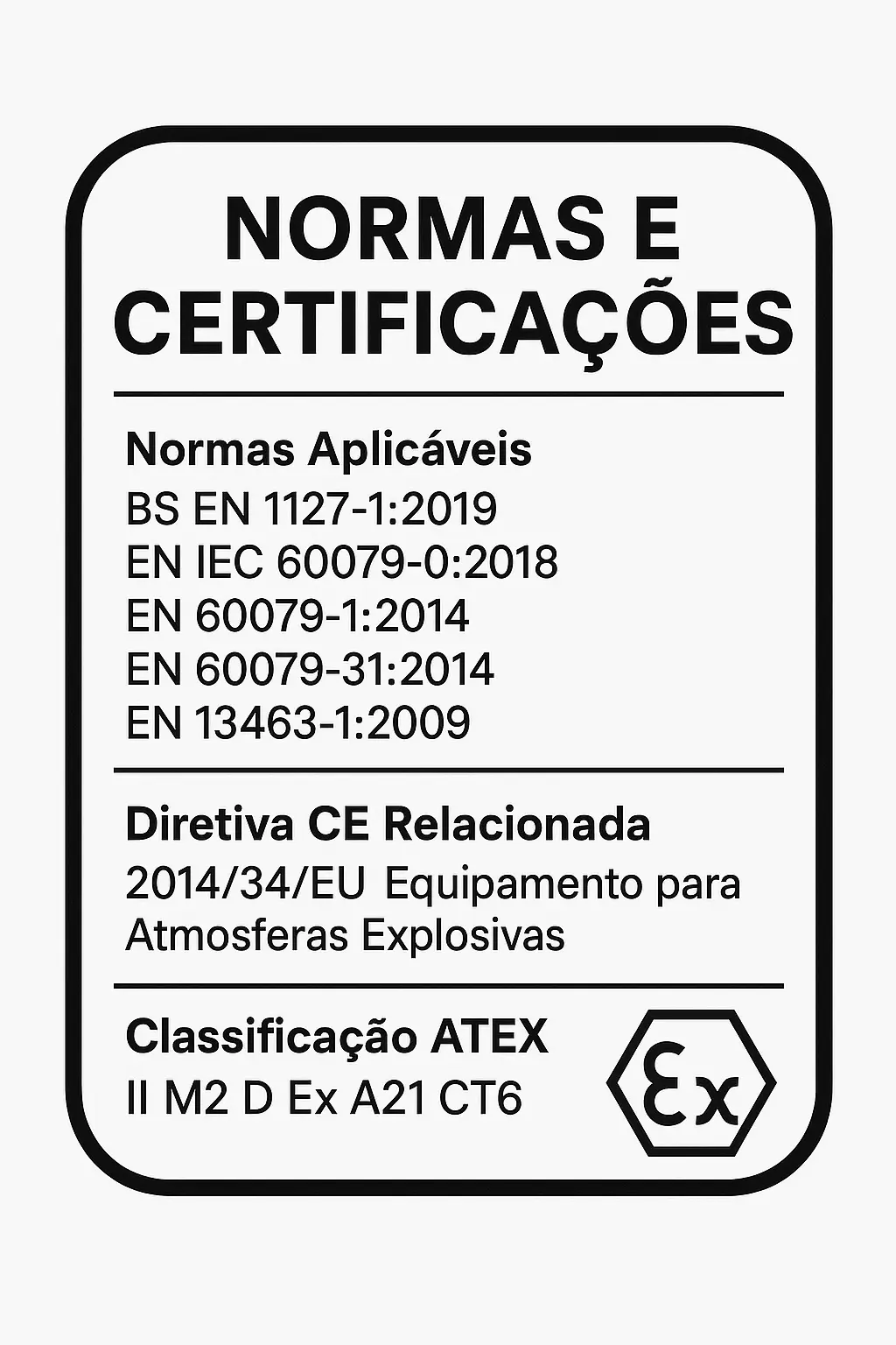 Selo de normas e certificações ATEX do Aspirador Industrial Pneumático STARMIX SS-ATEX — classificação II M2 D Ex A21 CT6, normas EN IEC 60079 e Diretiva 2014/34/EU