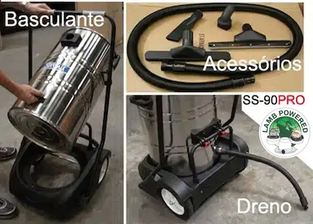 Aspirador industrial Starmix SS-90 PRO com sistema de tanque basculante, dreno de líquidos e kit de acessórios inclusos.