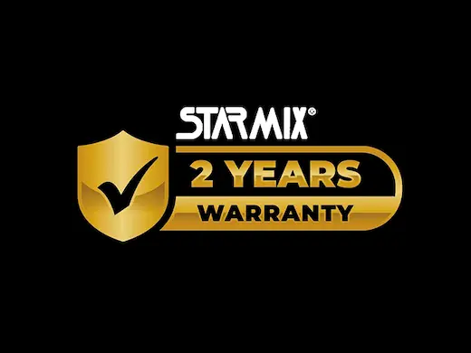 Selo STARMIX de 2 anos de garantia, em escudo dourado com marca de verificação.